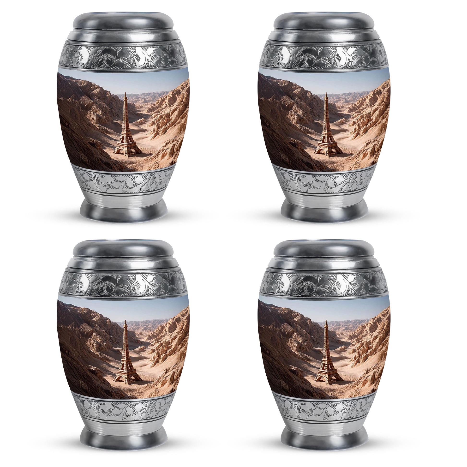 Brushed Silver Eiffel Tower Cremation Urn urn with complimentary velvet bag - regal eiffel tower design with crown-inspired accents - 10 inch aluminum urn for cremated remains