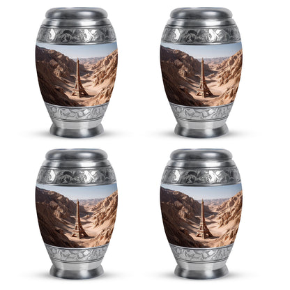 Brushed Silver Eiffel Tower Cremation Urn urn with complimentary velvet bag - regal eiffel tower design with crown-inspired accents - 10 inch aluminum urn for cremated remains