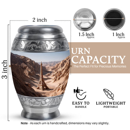 Moonlight Silver Eiffel Tower Cremation Urn lifestyle display on memorial shelf - royal eiffel tower engraving with decorative scrollwork - mini keepsake memorial for portion of cremation ashes