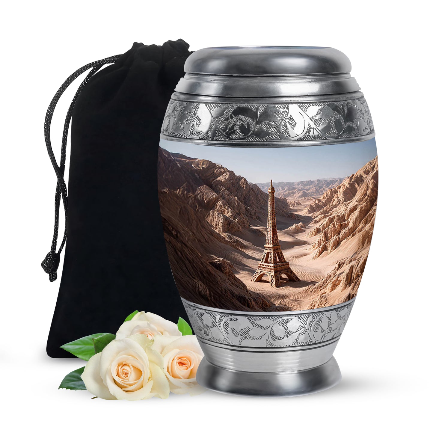 Polished Silver Eiffel Tower Cremation Urn back view with polished surface - royal eiffel tower engraving with decorative scrollwork - full-size 10 inch 200 cubic inch adult cremation urn