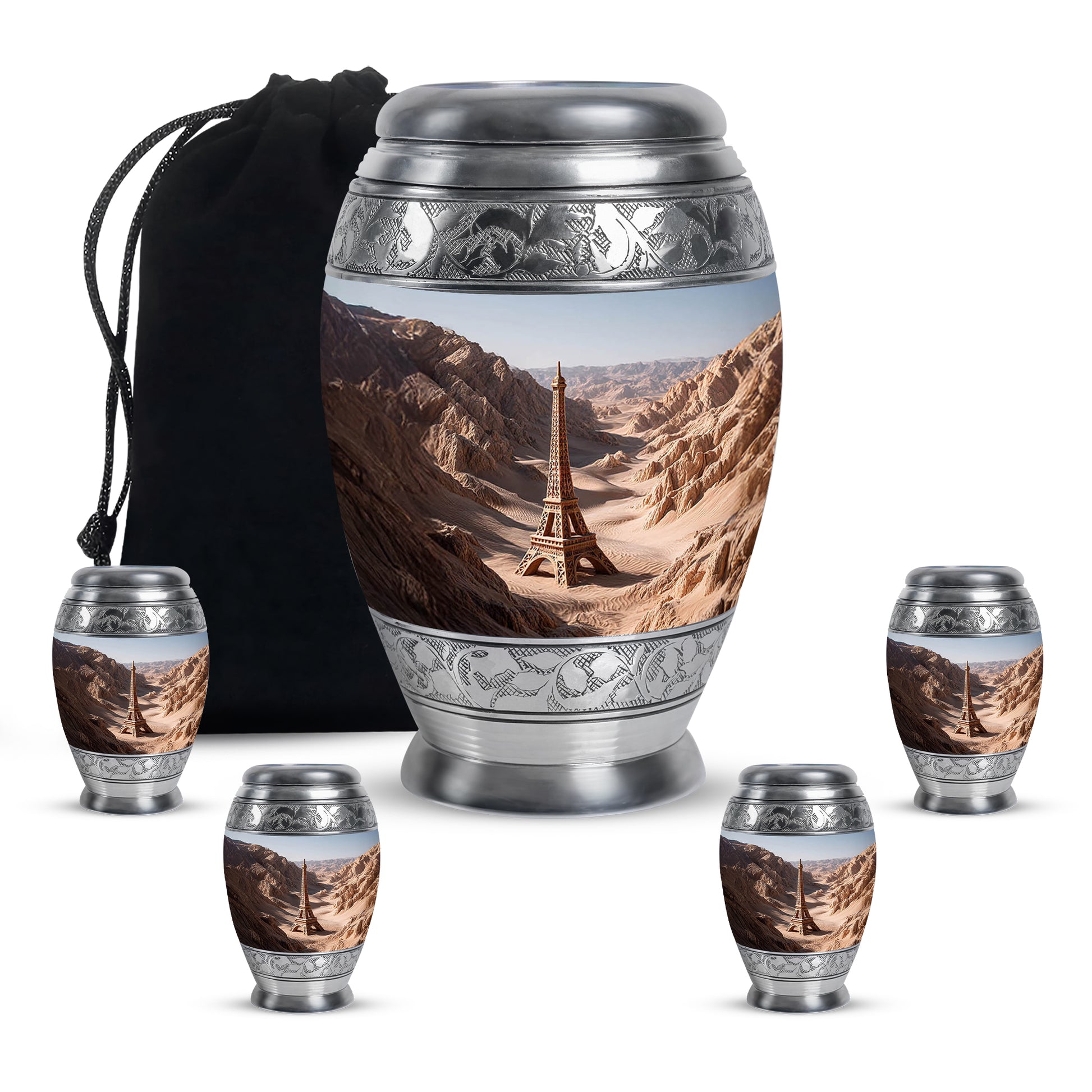 Satin Silver Eiffel Tower Cremation Urn detail view - ornate monarch-style eiffel tower relief on brushed aluminum - memorial set with one large and four small urns