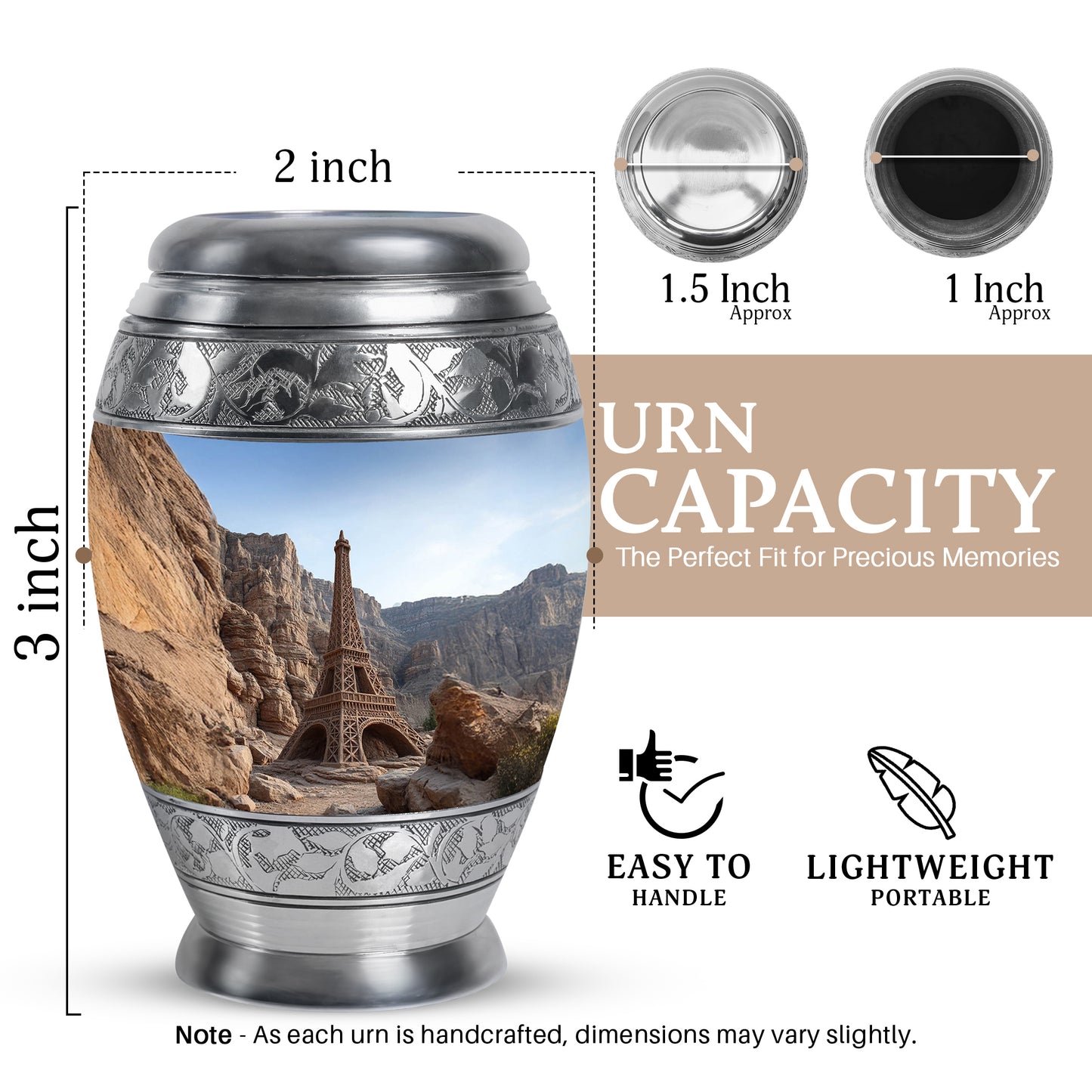 Icy Blue Eiffel Tower Cremation Urn lifestyle display on memorial shelf - regal eiffel tower design with crown-inspired accents - mini keepsake memorial for portion of cremation ashes