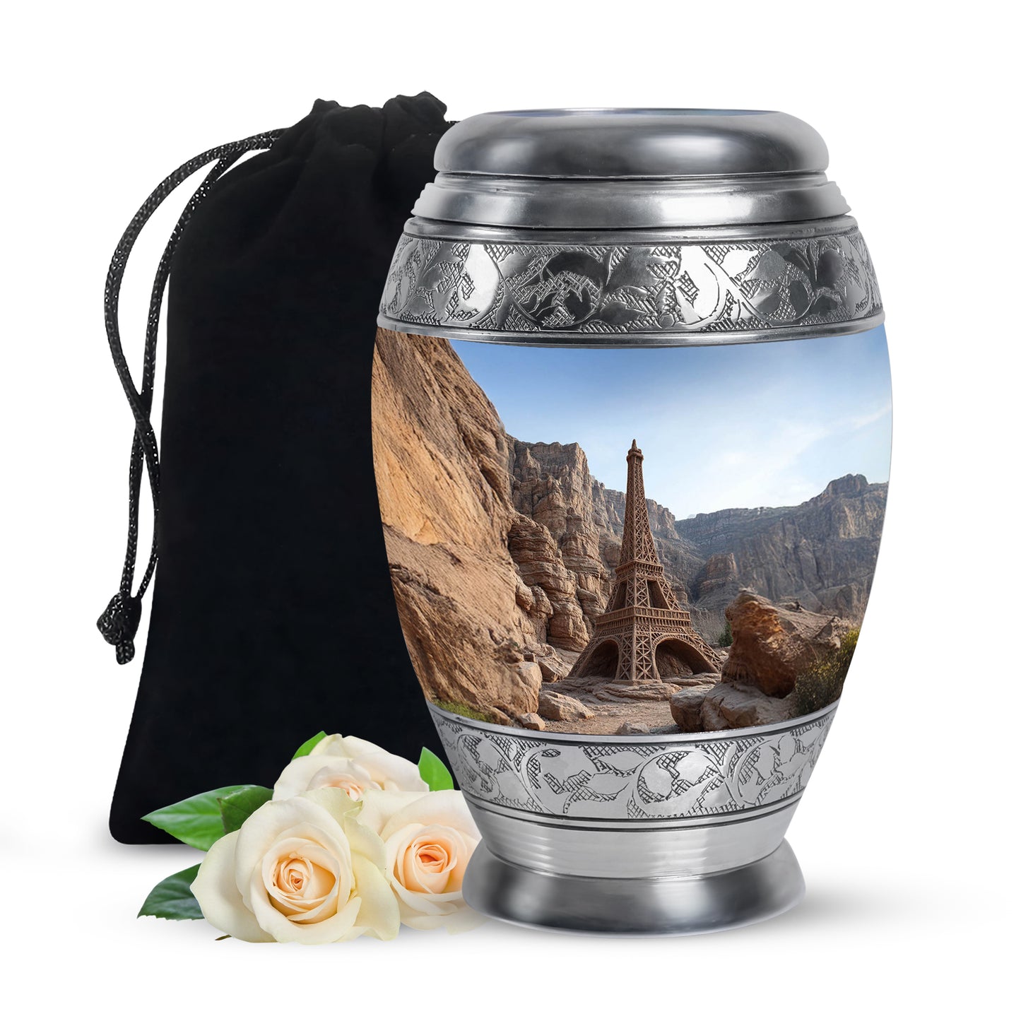 Soft Blue Eiffel Tower Cremation Urn back view with polished surface - royal eiffel tower engraving with decorative scrollwork - full-size 10 inch 200 cubic inch adult cremation urn