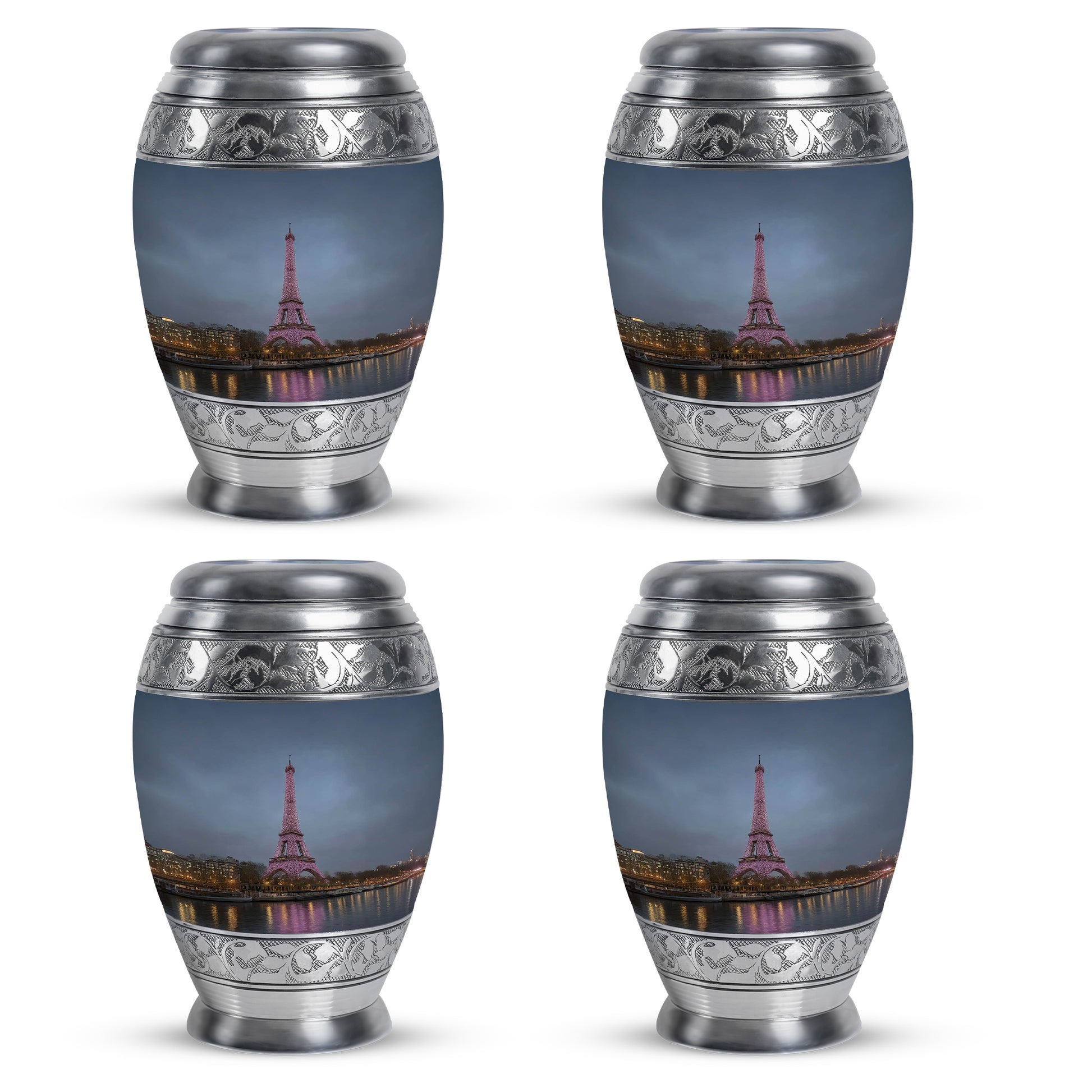 Icy Blue Eiffel Tower Cremation Urn urn with complimentary velvet bag - ornate monarch-style eiffel tower relief on brushed aluminum - 10 inch aluminum urn for cremated remains
