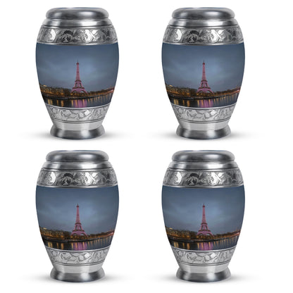 Icy Blue Eiffel Tower Cremation Urn urn with complimentary velvet bag - ornate monarch-style eiffel tower relief on brushed aluminum - 10 inch aluminum urn for cremated remains