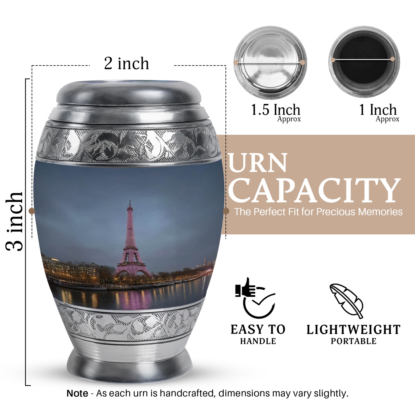 Steel Blue Eiffel Tower Cremation Urn lifestyle display on memorial shelf - royal eiffel tower engraving with decorative scrollwork - mini keepsake memorial for portion of cremation ashes
