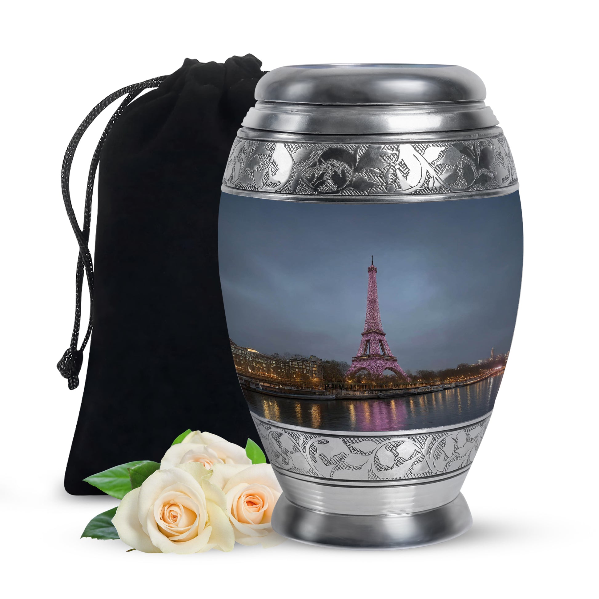 Powder Blue Eiffel Tower Cremation Urn back view with polished surface - regal eiffel tower design with crown-inspired accents - full-size 10 inch 200 cubic inch adult cremation urn