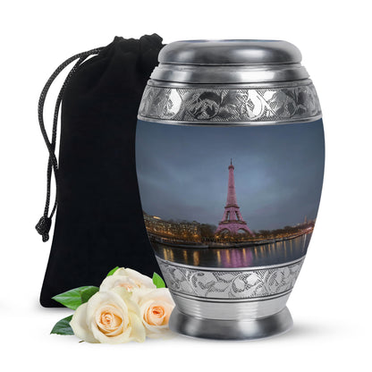 Powder Blue Eiffel Tower Cremation Urn back view with polished surface - regal eiffel tower design with crown-inspired accents - full-size 10 inch 200 cubic inch adult cremation urn