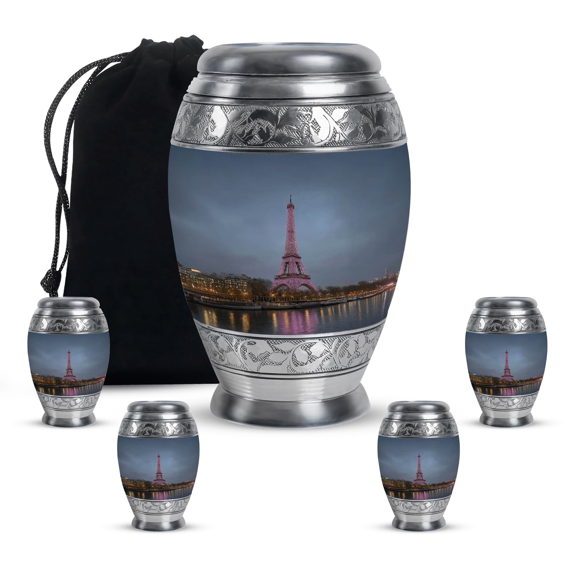 Soft Blue Eiffel Tower Cremation Urn detail view - royal eiffel tower engraving with decorative scrollwork - memorial set with one large and four small urns