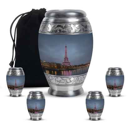 Soft Blue Eiffel Tower Cremation Urn detail view - royal eiffel tower engraving with decorative scrollwork - memorial set with one large and four small urns
