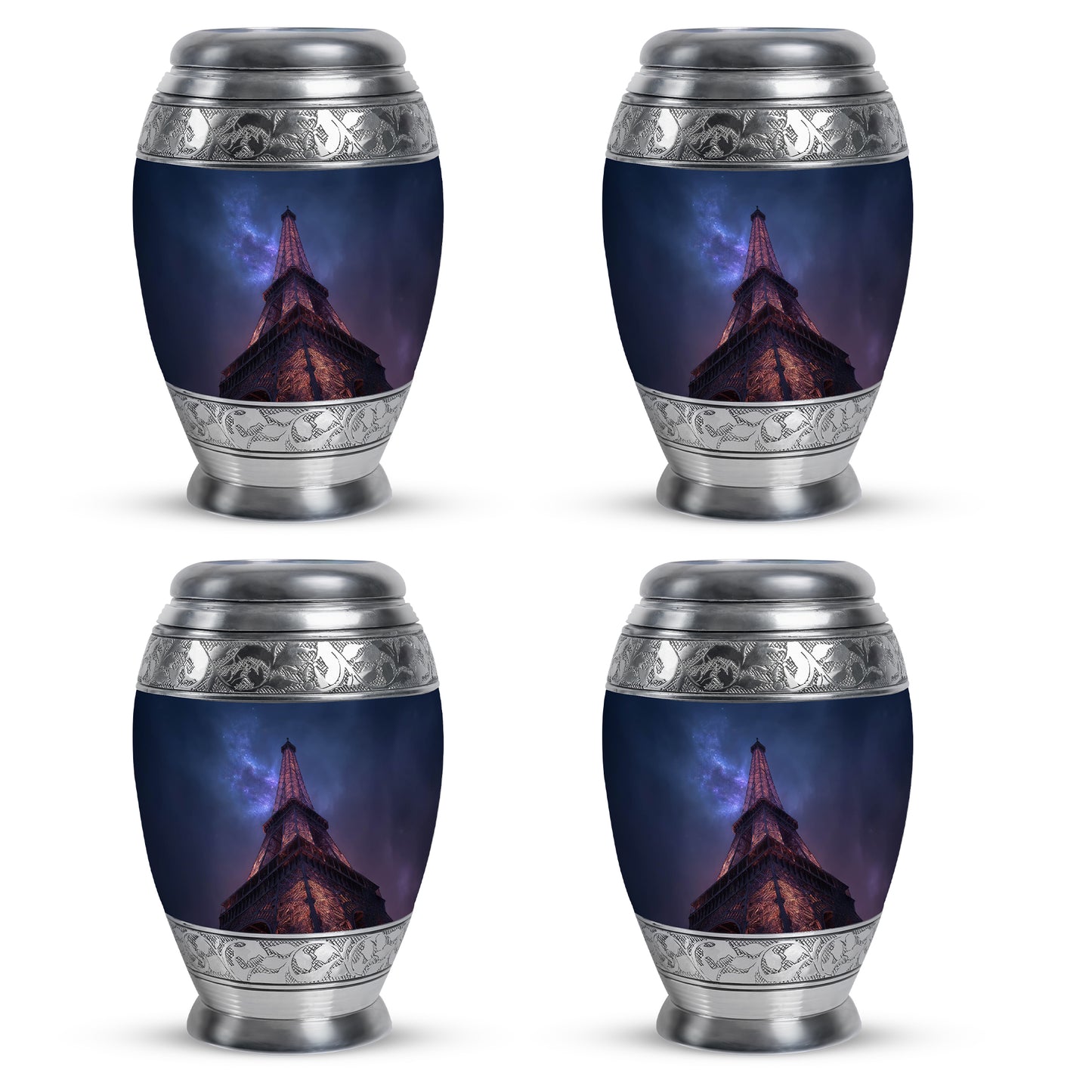 Soft Blue Eiffel Tower Cremation Urn urn with complimentary velvet bag - majestic eiffel tower pattern with filigree border - 10 inch aluminum urn for cremated remains