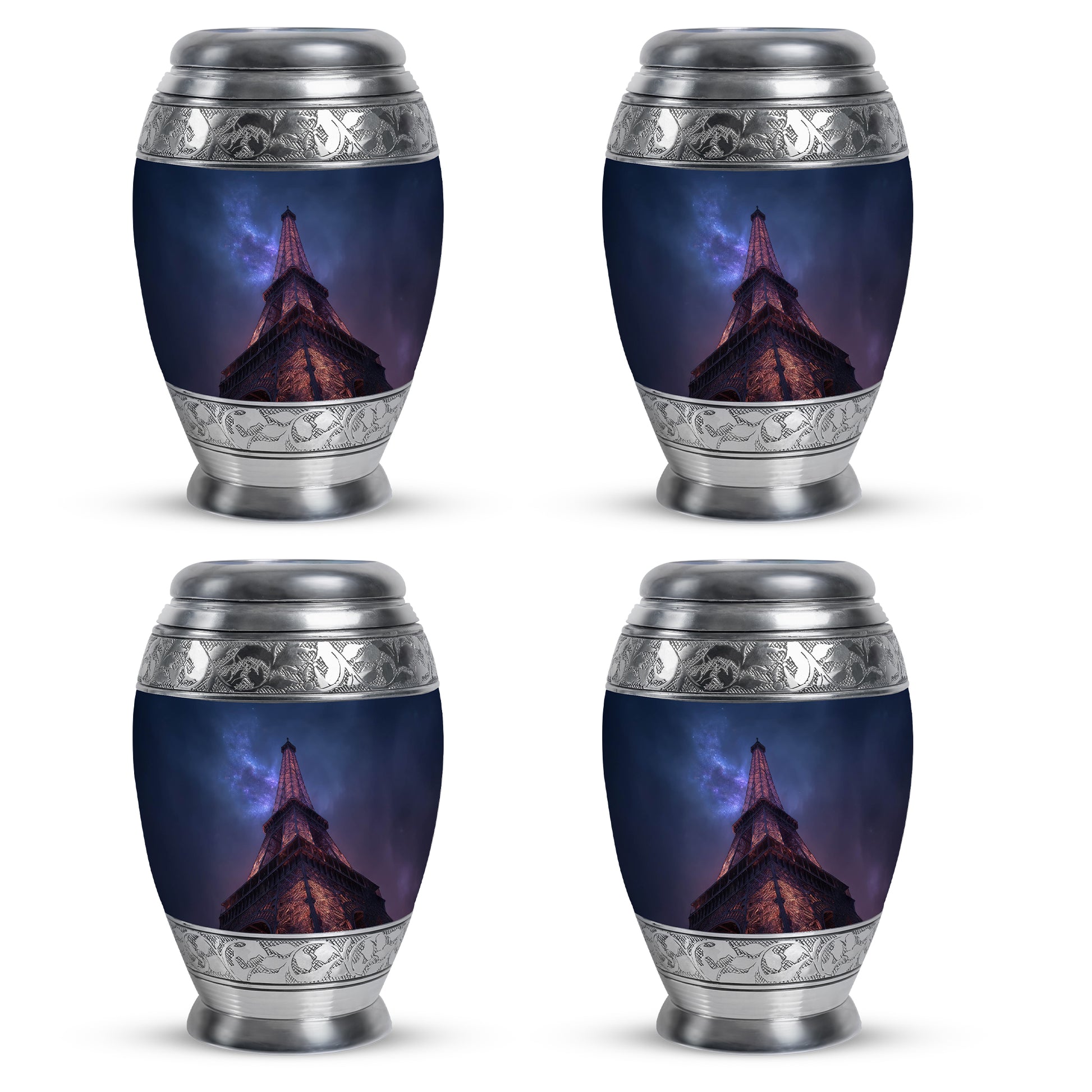 Soft Blue Eiffel Tower Cremation Urn urn with complimentary velvet bag - majestic eiffel tower pattern with filigree border - 10 inch aluminum urn for cremated remains