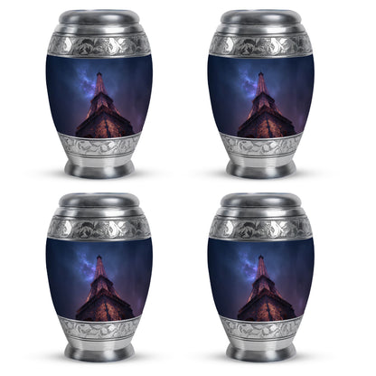 Soft Blue Eiffel Tower Cremation Urn urn with complimentary velvet bag - majestic eiffel tower pattern with filigree border - 10 inch aluminum urn for cremated remains