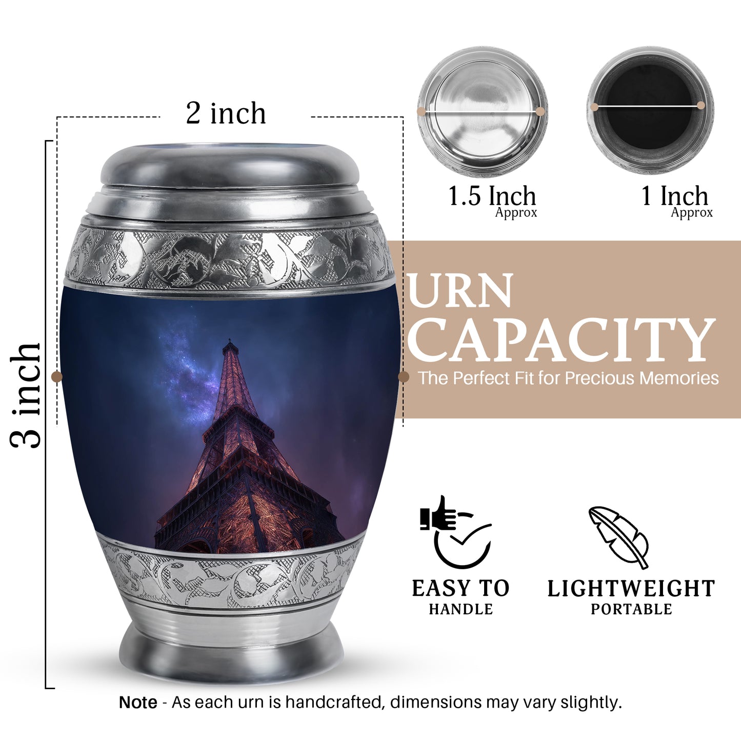 Soft Blue Eiffel Tower Cremation Urn lifestyle display on memorial shelf - majestic eiffel tower pattern with filigree border - mini keepsake memorial for portion of cremation ashes