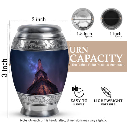 Soft Blue Eiffel Tower Cremation Urn lifestyle display on memorial shelf - majestic eiffel tower pattern with filigree border - mini keepsake memorial for portion of cremation ashes