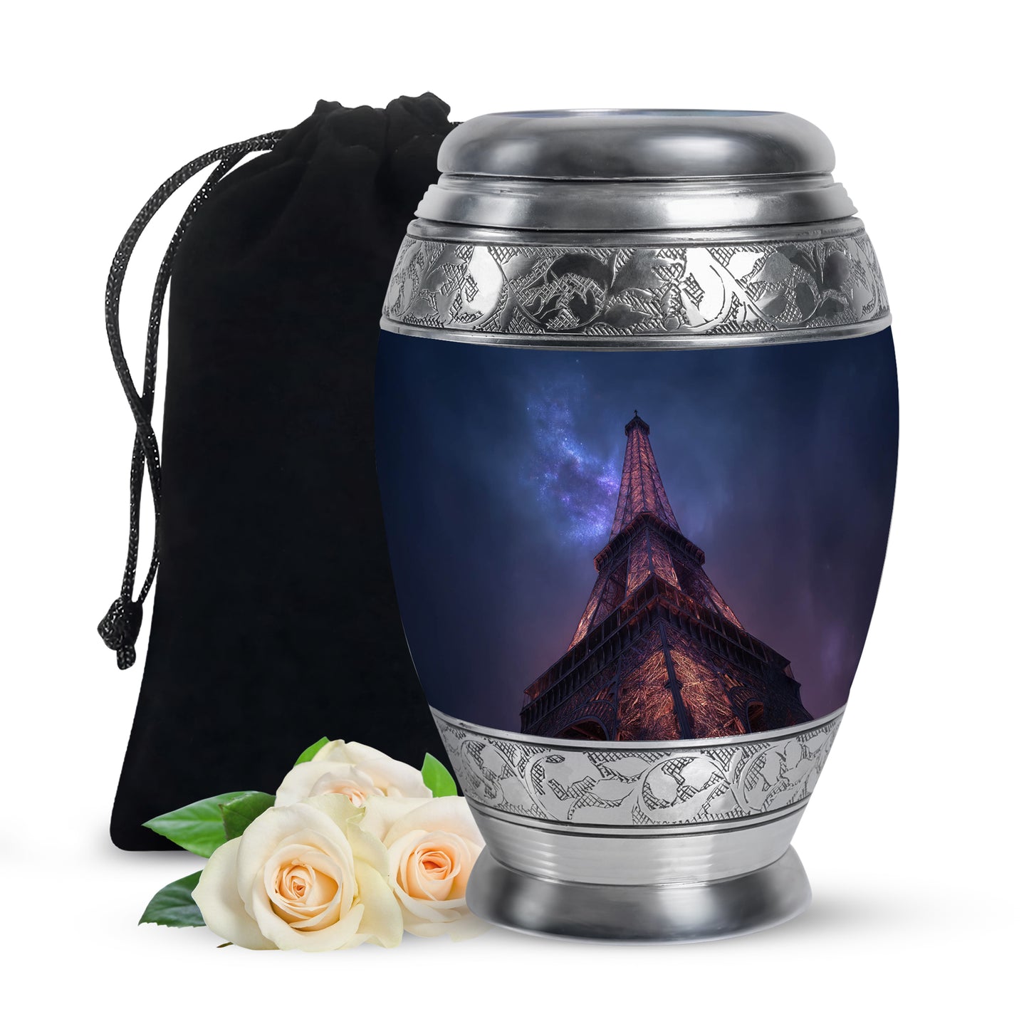 Azure Eiffel Tower Cremation Urn back view with polished surface - regal eiffel tower design with crown-inspired accents - full-size 10 inch 200 cubic inch adult cremation urn