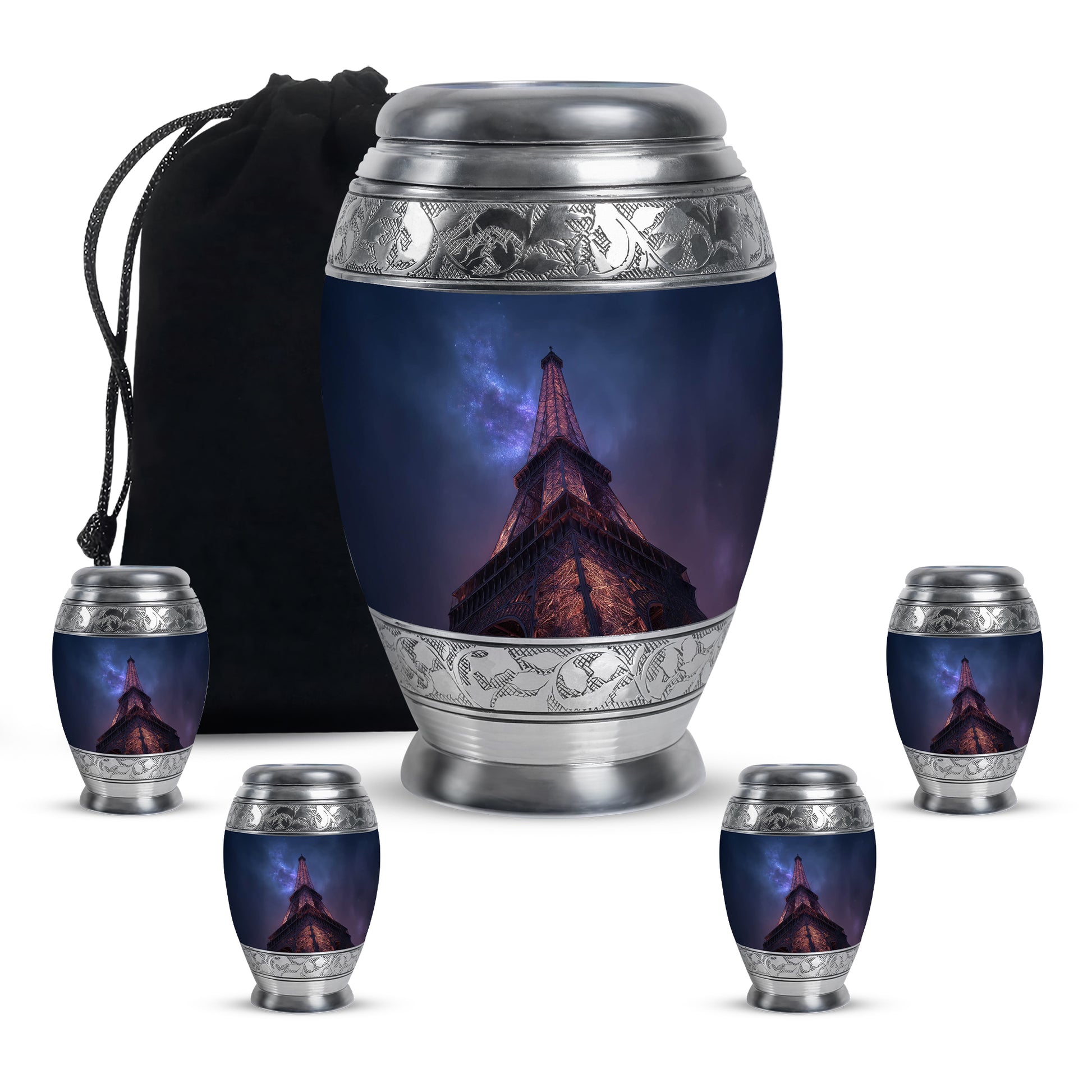 Calming Blue Eiffel Tower Cremation Urn detail view - royal eiffel tower engraving with decorative scrollwork - memorial set with one large and four small urns
