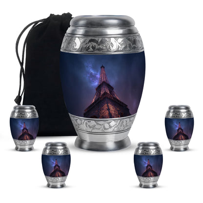 Calming Blue Eiffel Tower Cremation Urn detail view - royal eiffel tower engraving with decorative scrollwork - memorial set with one large and four small urns