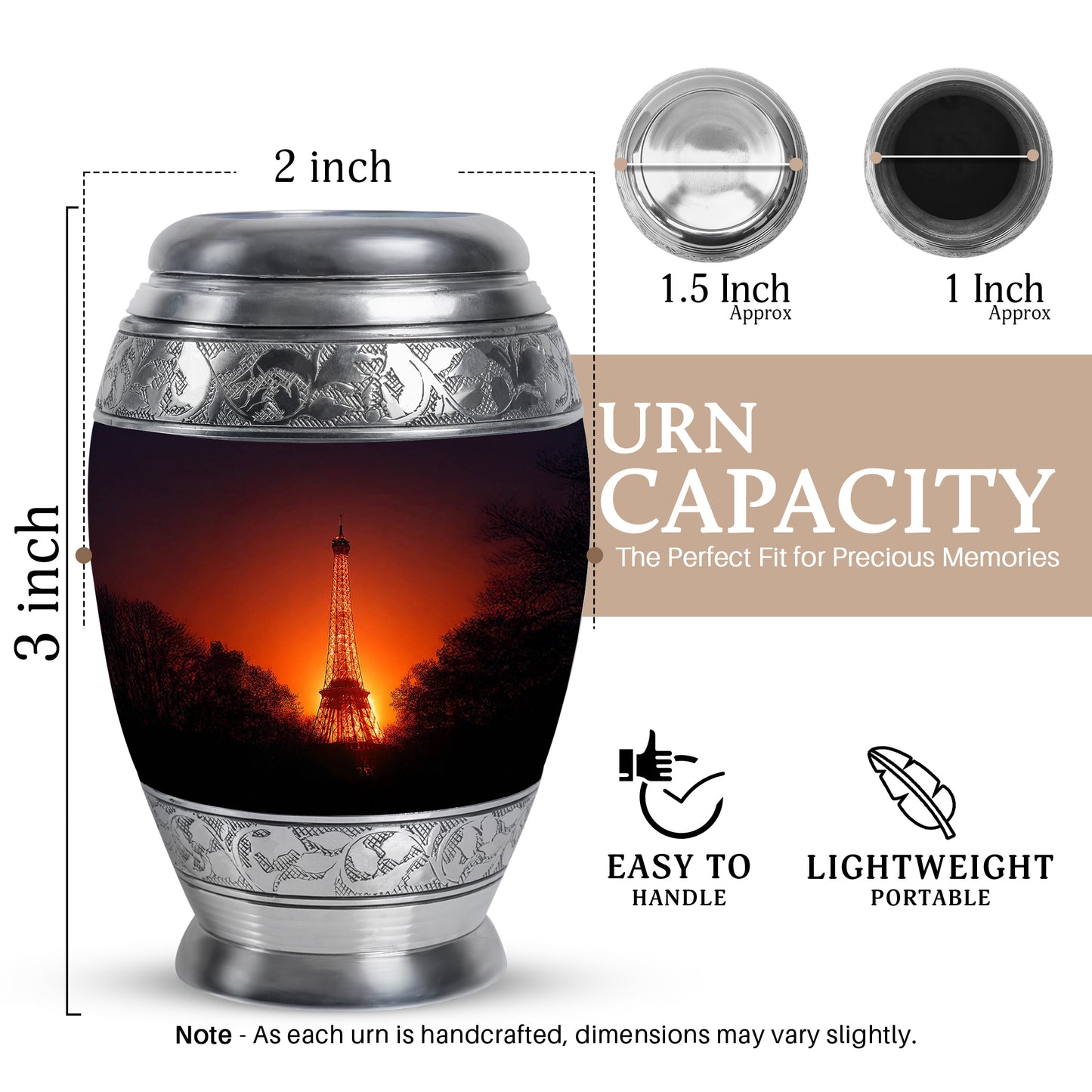 Salmon Pink Eiffel Tower Cremation Urn lifestyle display on memorial shelf - royal eiffel tower engraving with decorative scrollwork - mini keepsake memorial for portion of cremation ashes