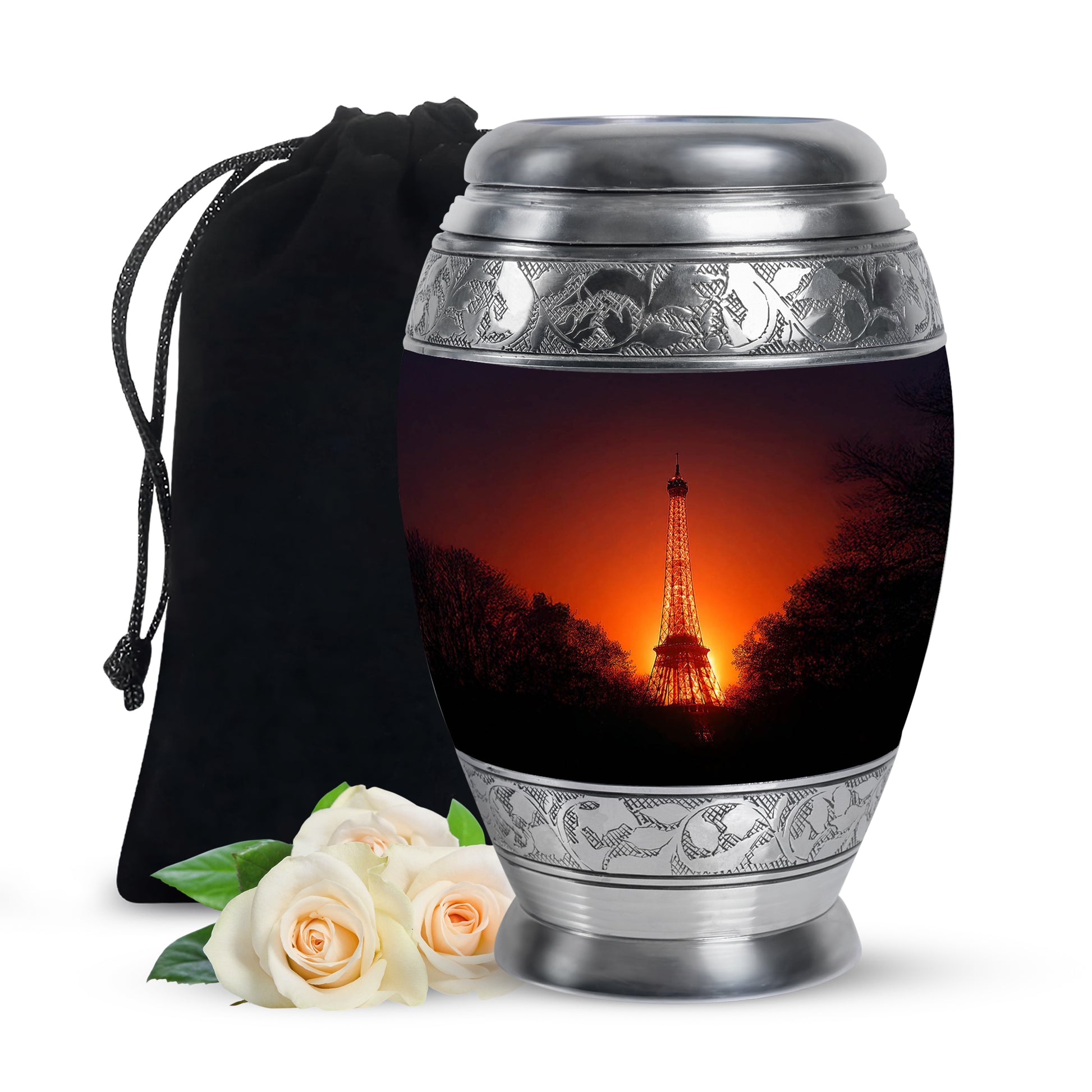 Dusty Pink Eiffel Tower Cremation Urn back view with polished surface - majestic eiffel tower pattern with filigree border - full-size 10 inch 200 cubic inch adult cremation urn