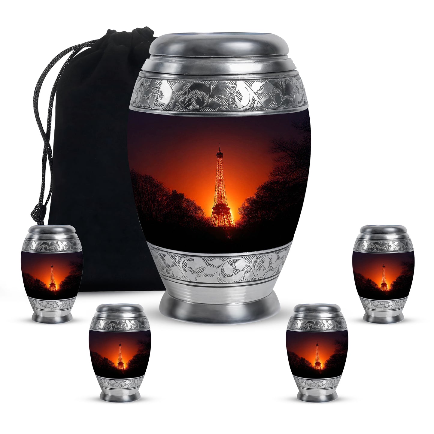 Peony Pink Eiffel Tower Cremation Urn detail view - regal eiffel tower design with crown-inspired accents - memorial set with one large and four small urns