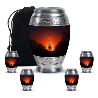Peony Pink Eiffel Tower Cremation Urn detail view - regal eiffel tower design with crown-inspired accents - memorial set with one large and four small urns