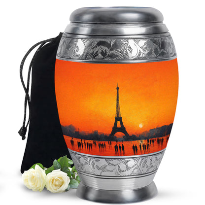 Gilded Gold Eiffel Tower Cremation Urn back view with polished surface - regal eiffel tower design with crown-inspired accents - full-size 10 inch 200 cubic inch adult cremation urn