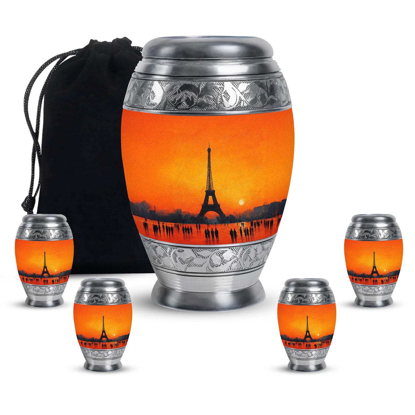 Amber Gold Eiffel Tower Cremation Urn detail view - regal eiffel tower design with crown-inspired accents - memorial set with one large and four small urns