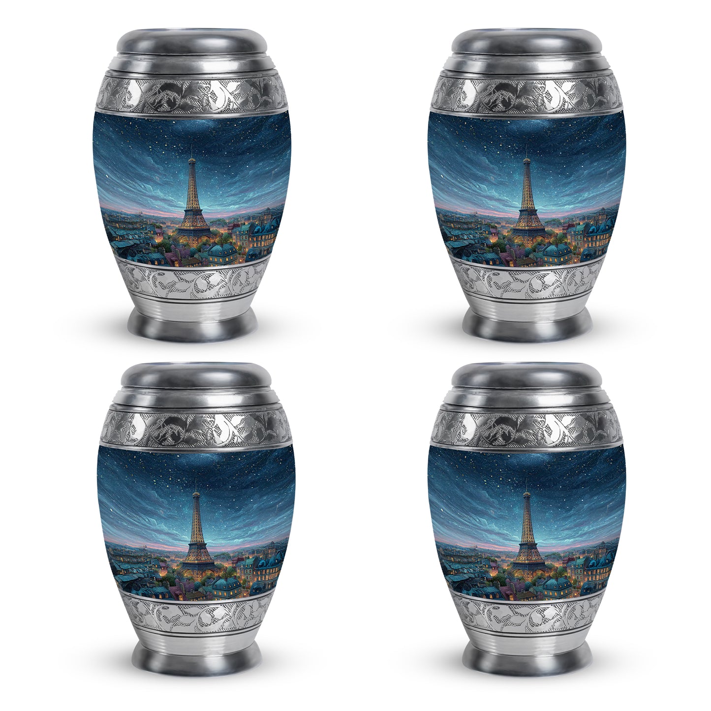 Powder Blue Eiffel Tower Cremation Urn urn with complimentary velvet bag - ornate monarch-style eiffel tower relief on brushed aluminum - 10 inch aluminum urn for cremated remains