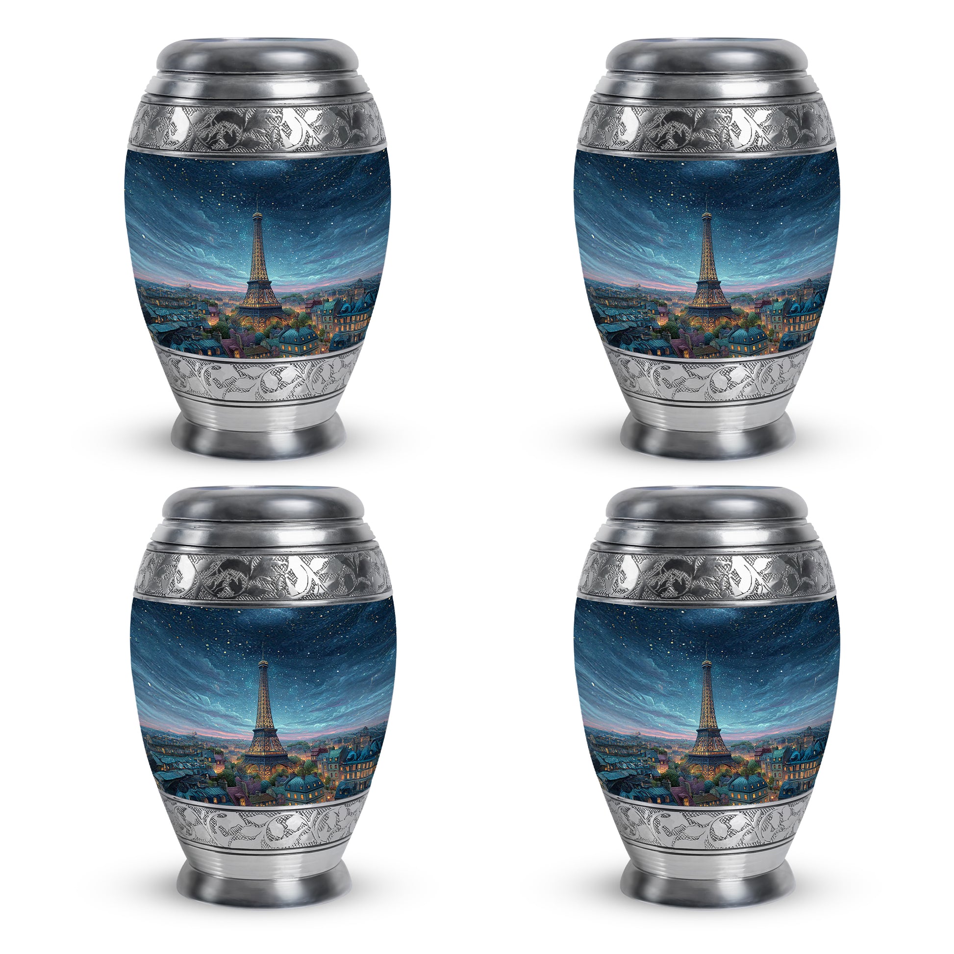 Powder Blue Eiffel Tower Cremation Urn urn with complimentary velvet bag - ornate monarch-style eiffel tower relief on brushed aluminum - 10 inch aluminum urn for cremated remains