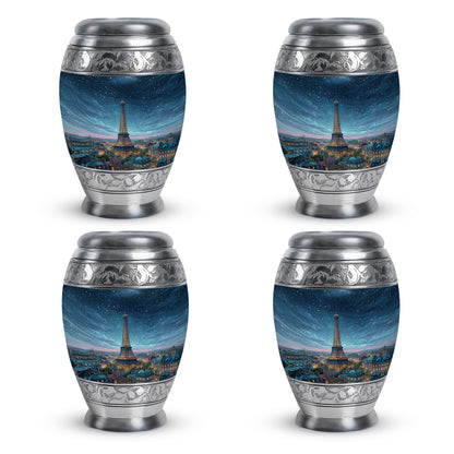 Powder Blue Eiffel Tower Cremation Urn urn with complimentary velvet bag - ornate monarch-style eiffel tower relief on brushed aluminum - 10 inch aluminum urn for cremated remains