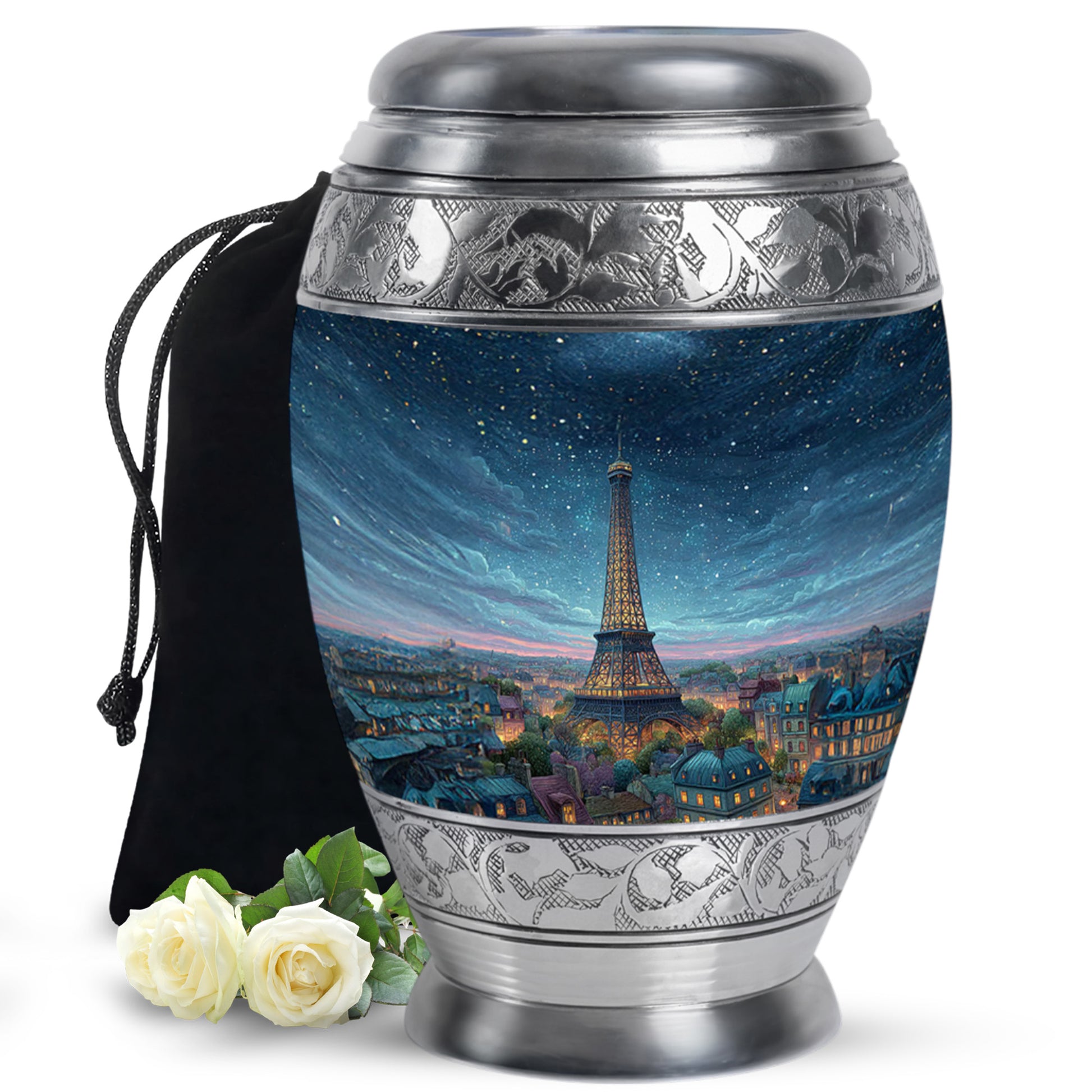 Slate Blue Eiffel Tower Cremation Urn back view with polished surface - regal eiffel tower design with crown-inspired accents - full-size 10 inch 200 cubic inch adult cremation urn