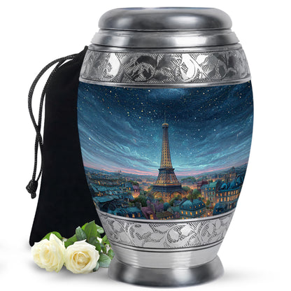 Slate Blue Eiffel Tower Cremation Urn back view with polished surface - regal eiffel tower design with crown-inspired accents - full-size 10 inch 200 cubic inch adult cremation urn