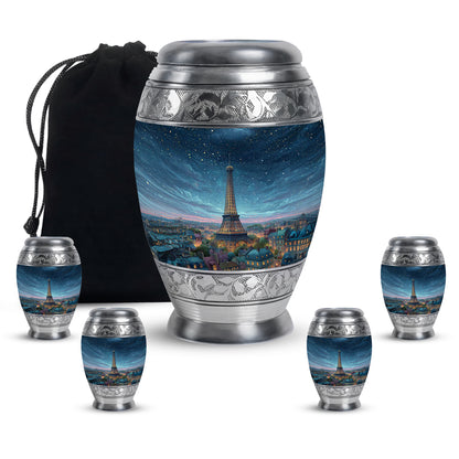 Calming Blue Eiffel Tower Cremation Urn detail view - royal eiffel tower engraving with decorative scrollwork - memorial set with one large and four small urns