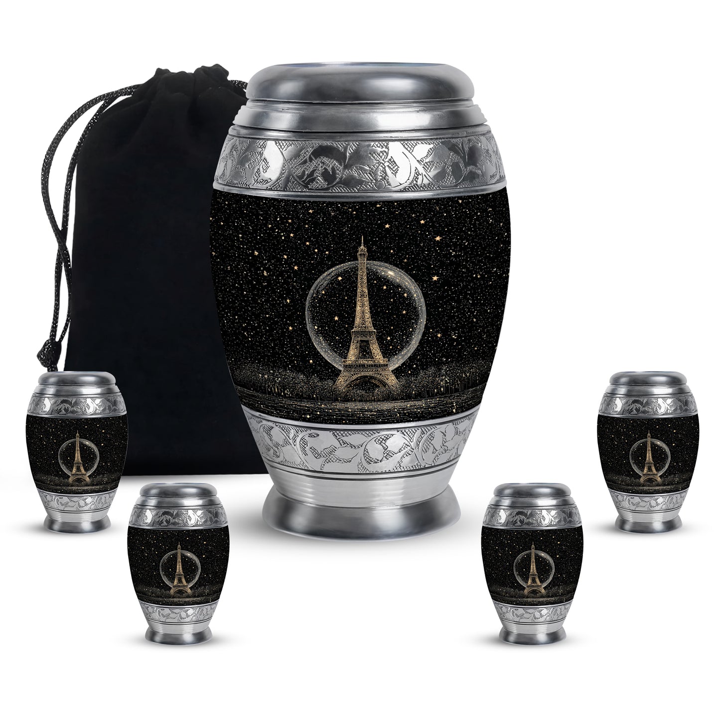 Dark Black Eiffel Tower Cremation Urn detail view - majestic eiffel tower pattern with filigree border - memorial set with one large and four small urns