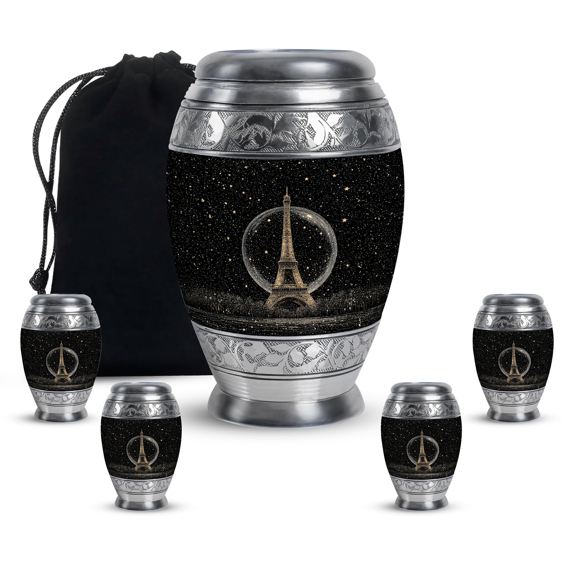 Dark Black Eiffel Tower Cremation Urn detail view - majestic eiffel tower pattern with filigree border - memorial set with one large and four small urns