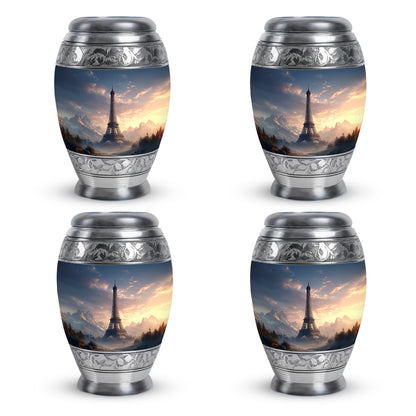 Pastel Blue Eiffel Tower Cremation Urn urn with complimentary velvet bag - regal eiffel tower design with crown-inspired accents - 10 inch aluminum urn for cremated remains