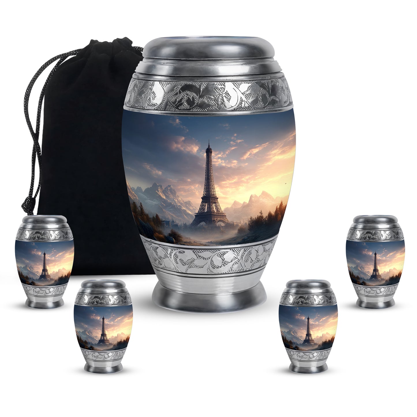 Azure Eiffel Tower Cremation Urn detail view - regal eiffel tower design with crown-inspired accents - memorial set with one large and four small urns