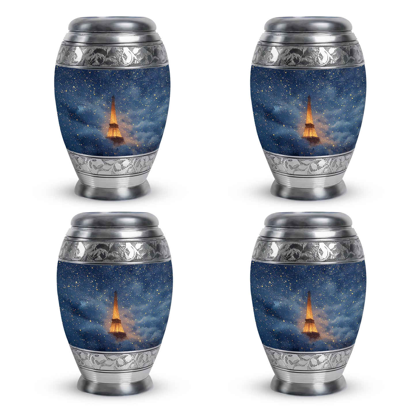 Celestial Blue Eiffel Tower Cremation Urn urn with complimentary velvet bag - regal eiffel tower design with crown-inspired accents - 10 inch aluminum urn for cremated remains