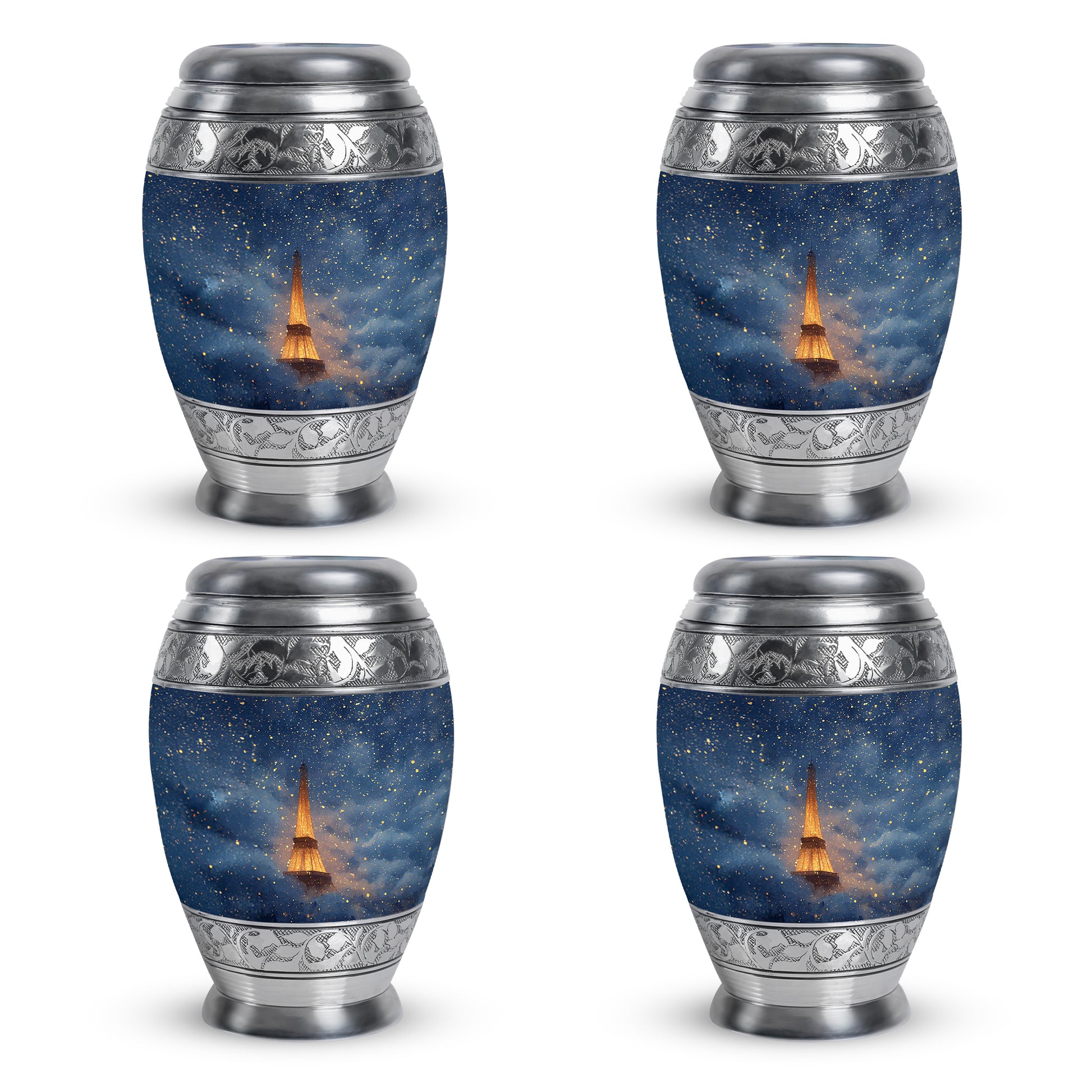 Celestial Blue Eiffel Tower Cremation Urn urn with complimentary velvet bag - regal eiffel tower design with crown-inspired accents - 10 inch aluminum urn for cremated remains
