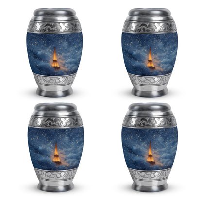 Celestial Blue Eiffel Tower Cremation Urn urn with complimentary velvet bag - regal eiffel tower design with crown-inspired accents - 10 inch aluminum urn for cremated remains