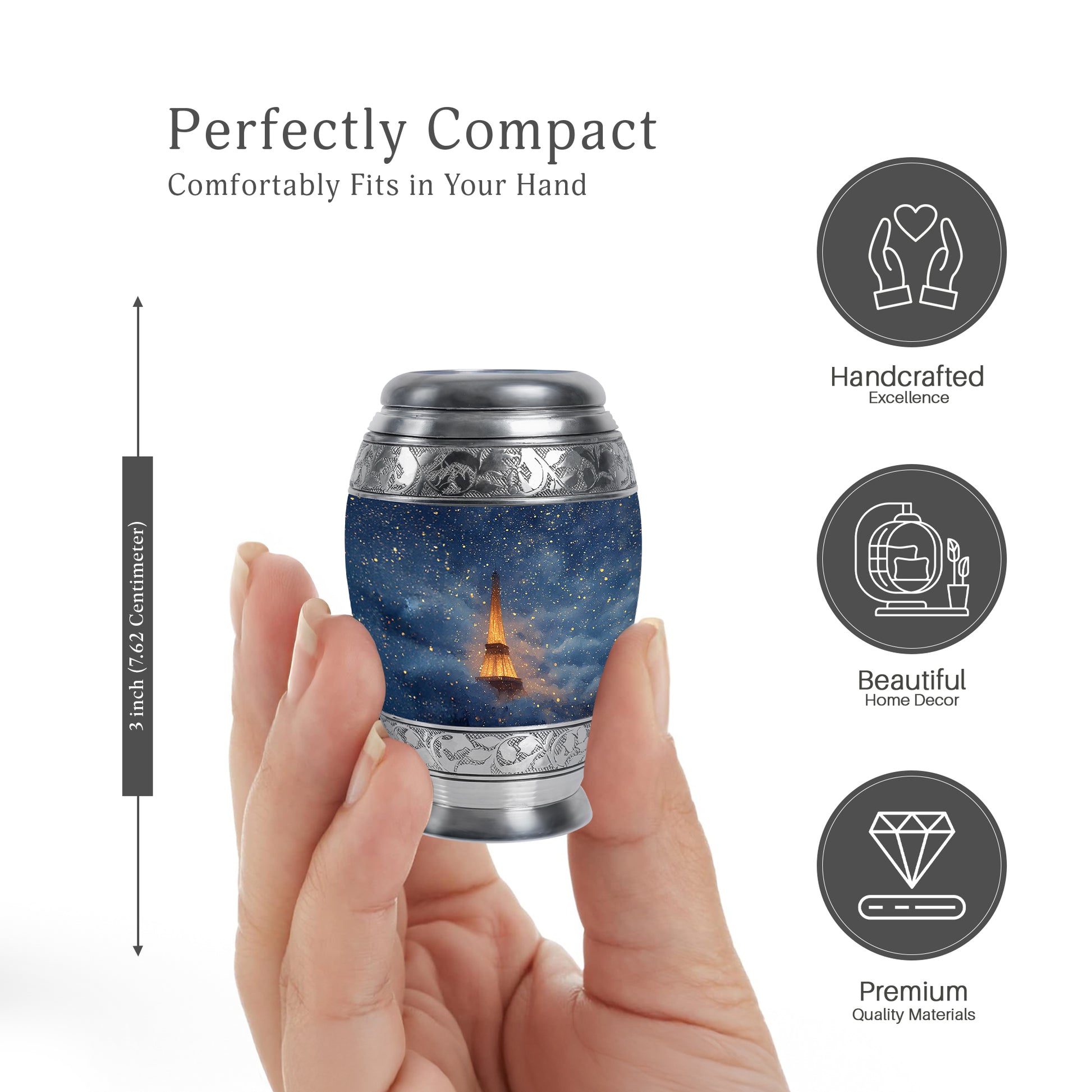 Indigo Eiffel Tower Cremation Urn lifestyle display on memorial shelf - regal eiffel tower design with crown-inspired accents - mini keepsake memorial for portion of cremation ashes