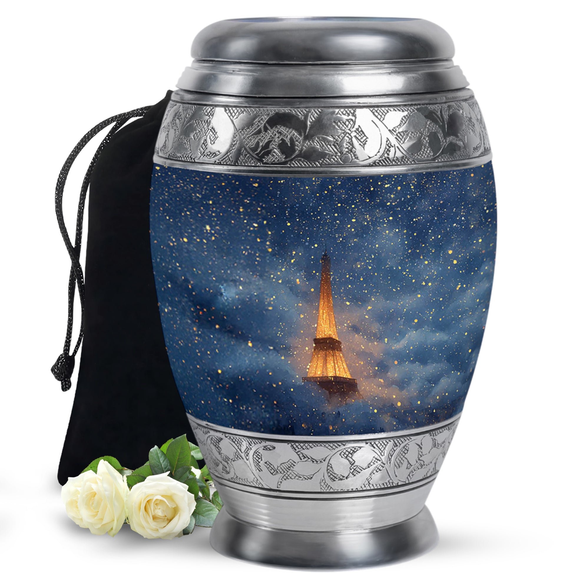 Serene Blue Eiffel Tower Cremation Urn back view with polished surface - majestic eiffel tower pattern with filigree border - full-size 10 inch 200 cubic inch adult cremation urn