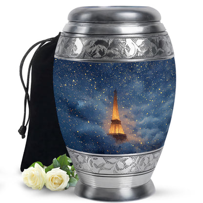 Serene Blue Eiffel Tower Cremation Urn back view with polished surface - majestic eiffel tower pattern with filigree border - full-size 10 inch 200 cubic inch adult cremation urn