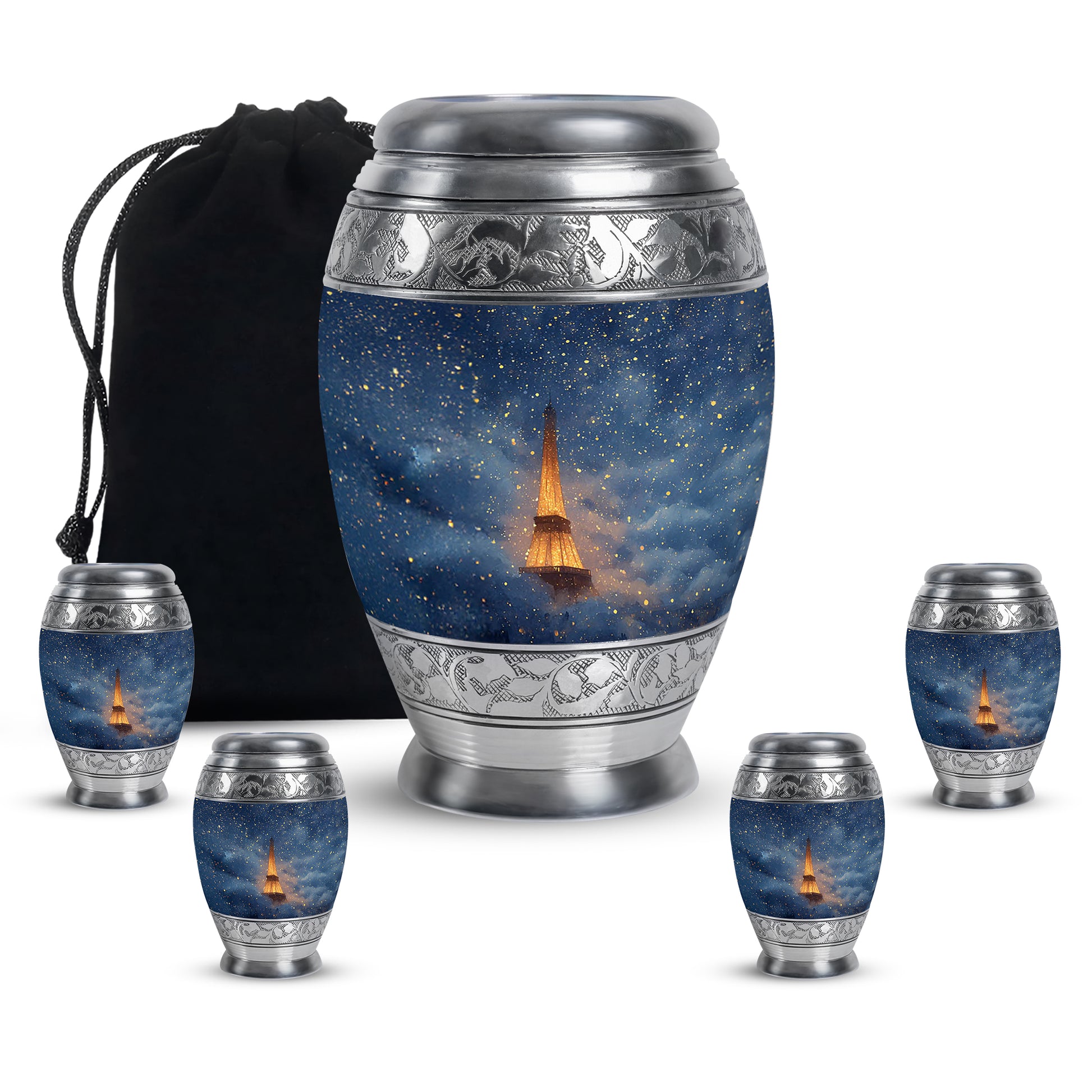 Serene Blue Eiffel Tower Cremation Urn detail view - majestic eiffel tower pattern with filigree border - memorial set with one large and four small urns