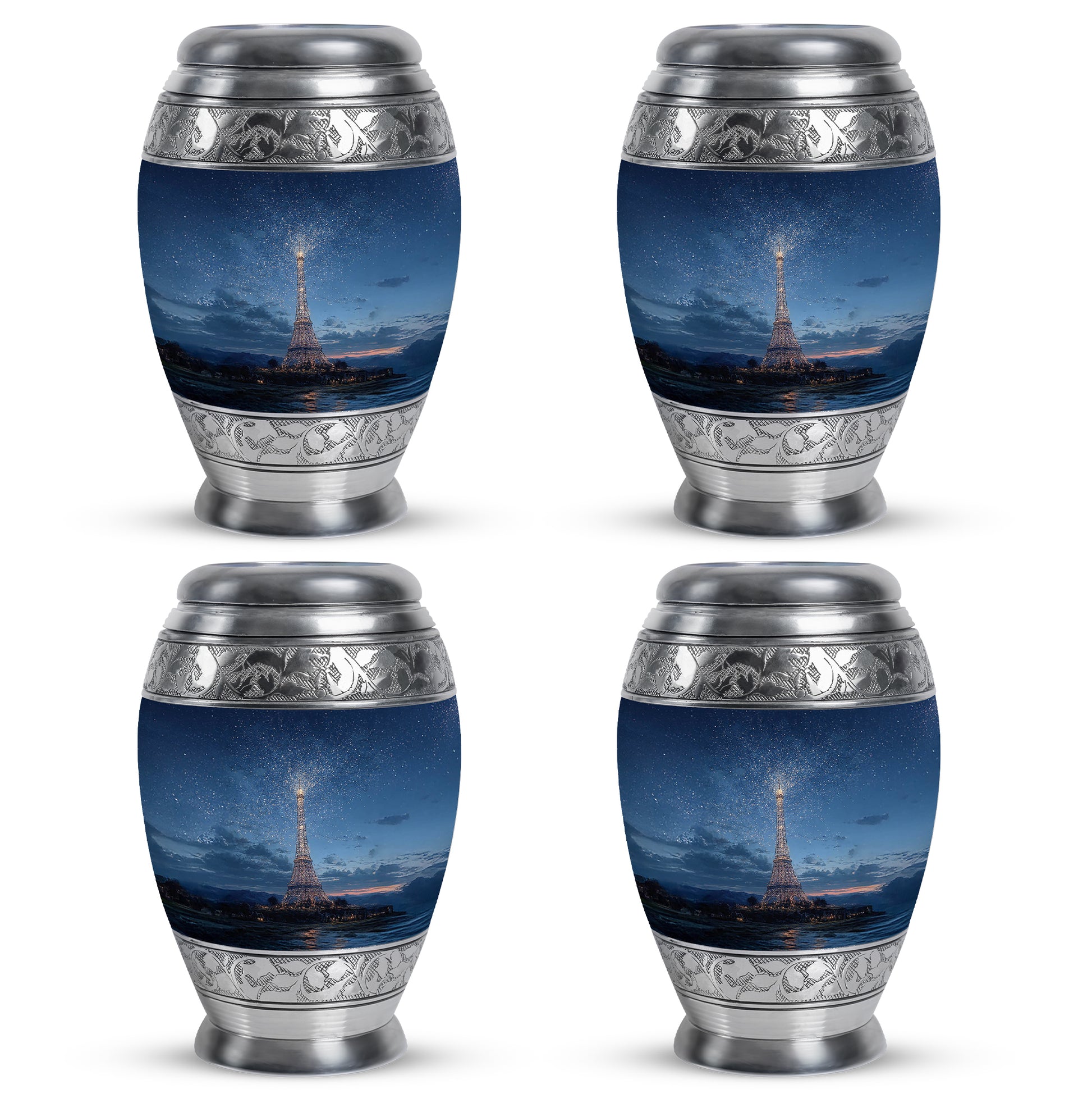 Azure Eiffel Tower Cremation Urn urn with complimentary velvet bag - ornate monarch-style eiffel tower relief on brushed aluminum - 10 inch aluminum urn for cremated remains