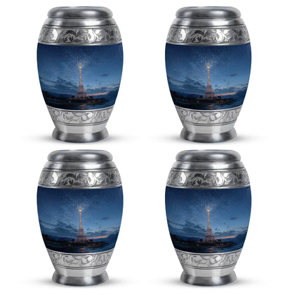 Azure Eiffel Tower Cremation Urn urn with complimentary velvet bag - ornate monarch-style eiffel tower relief on brushed aluminum - 10 inch aluminum urn for cremated remains