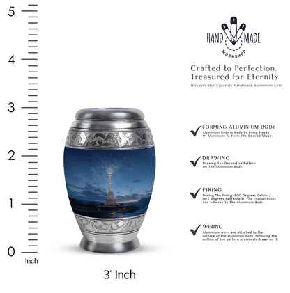 Twilight Blue Eiffel Tower Cremation Urn lifestyle display on memorial shelf - royal eiffel tower engraving with decorative scrollwork - mini keepsake memorial for portion of cremation ashes