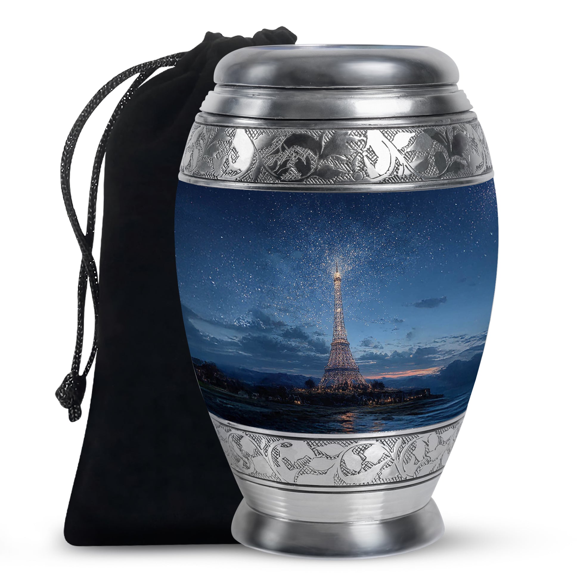Vivid Blue Eiffel Tower Cremation Urn back view with polished surface - majestic eiffel tower pattern with filigree border - full-size 10 inch 200 cubic inch adult cremation urn