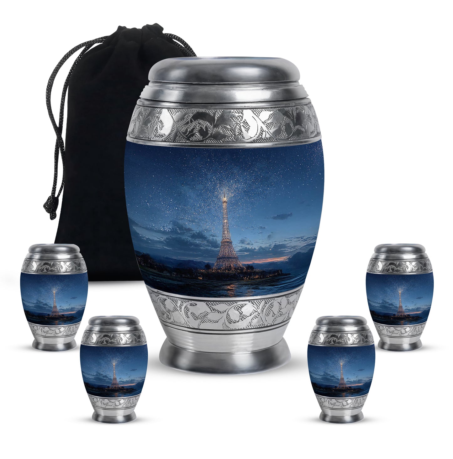 Steel Blue Eiffel Tower Cremation Urn detail view - royal eiffel tower engraving with decorative scrollwork - memorial set with one large and four small urns